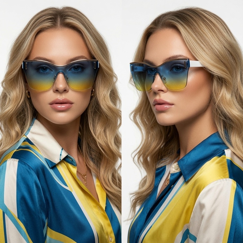 Womens Oversized Shield Sunglasses Blue Yellow Gradient Rimless Butterfly Shades